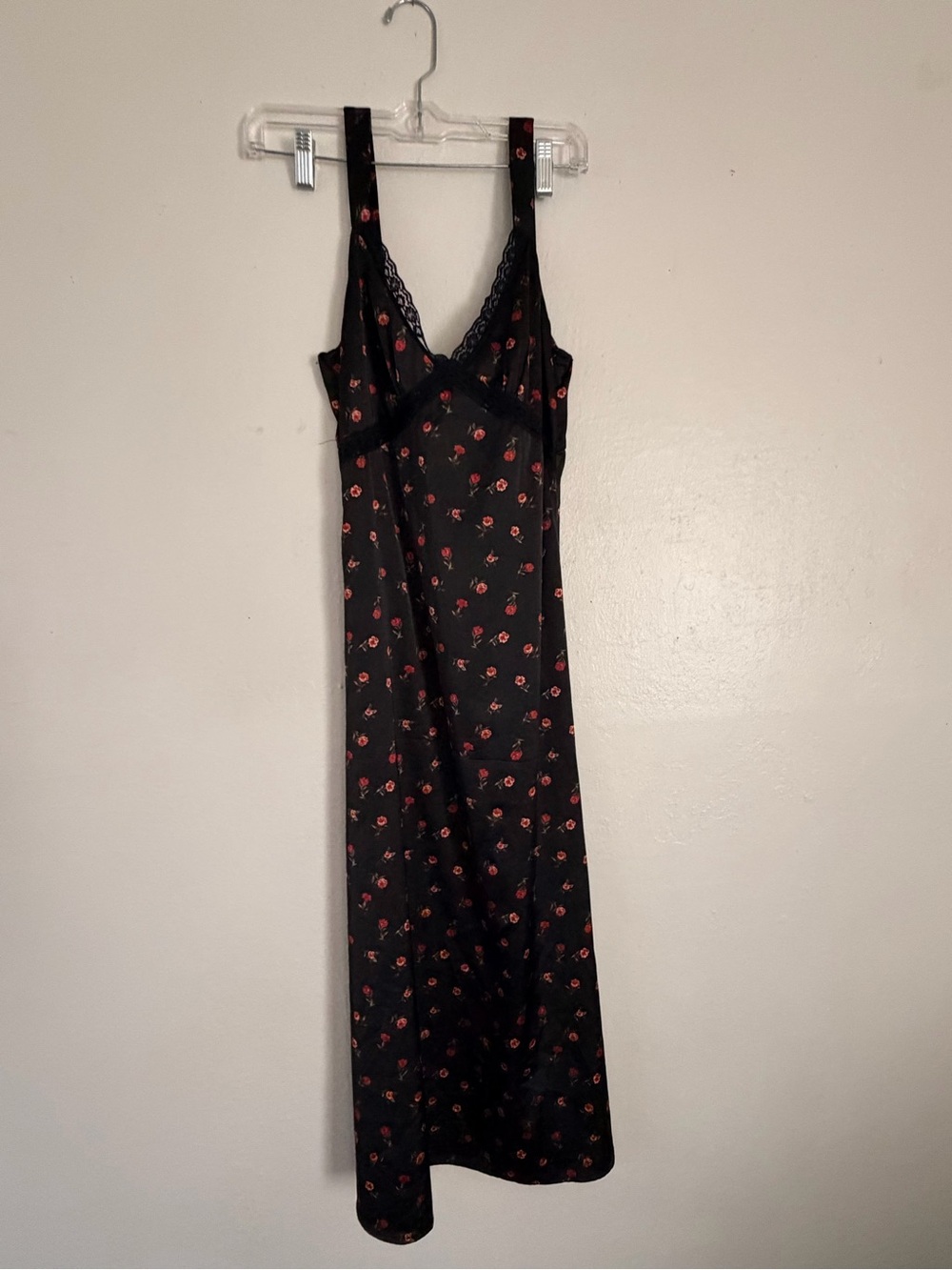 Black Floral Slip Dress with Lace Trim